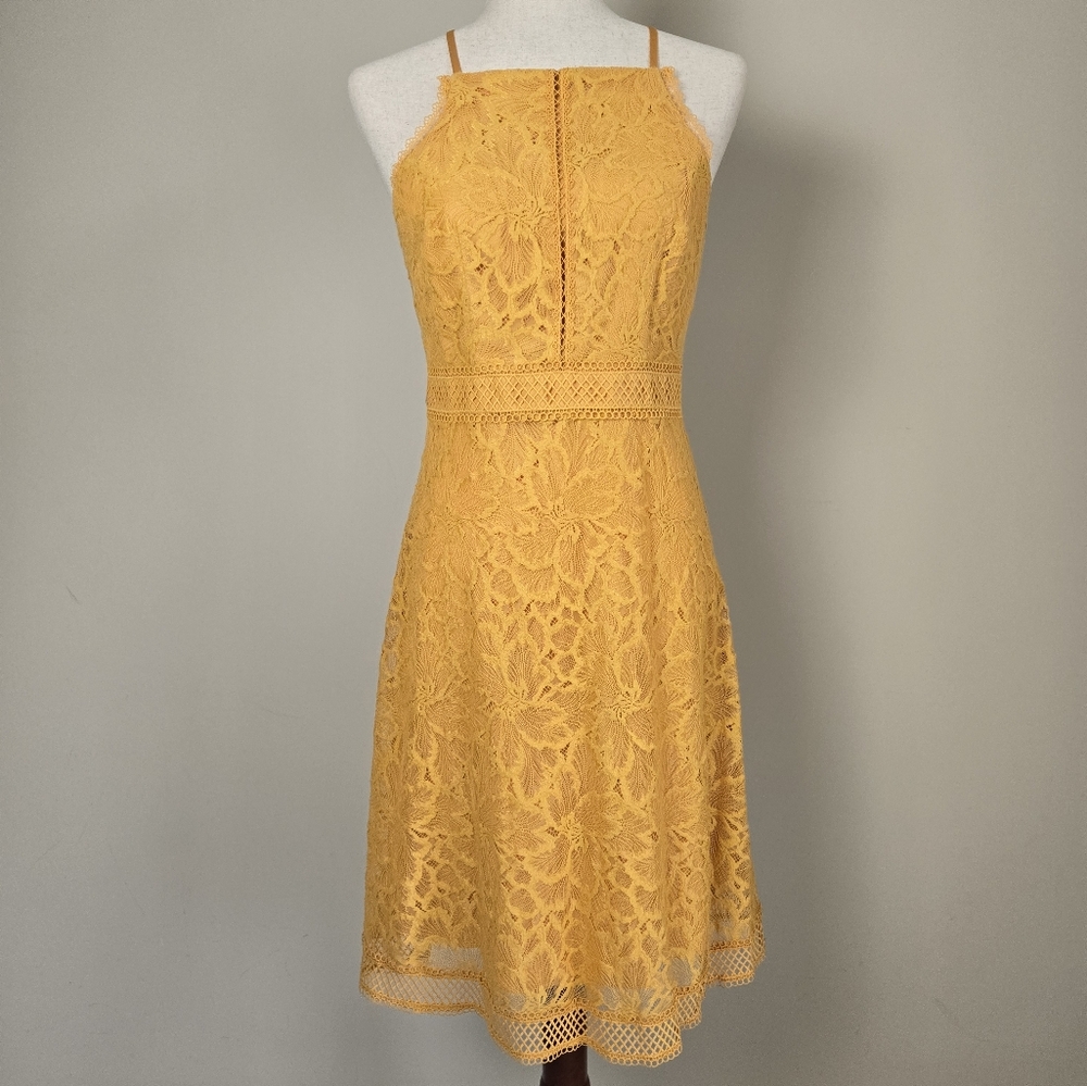 ANTONIO MELANI | Women's Lace Mustard Yellow Sleeveless Midi Dress Size 4